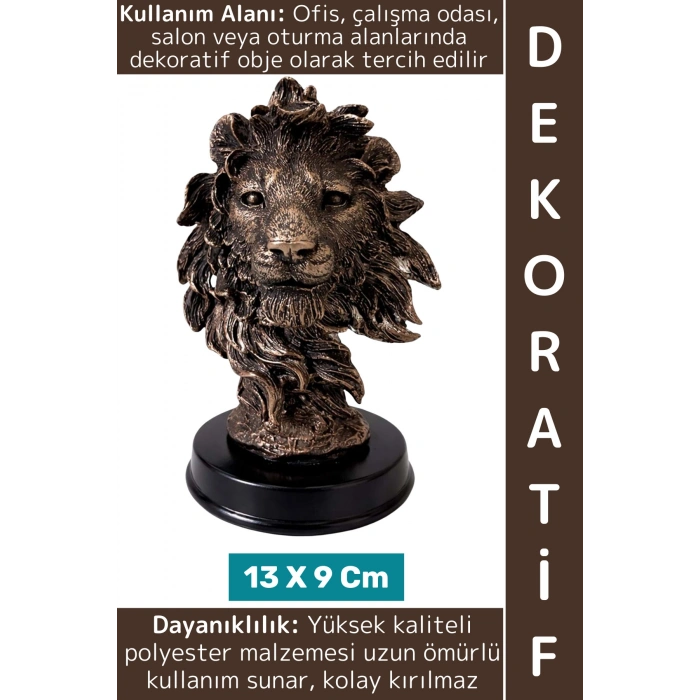 Premium Dekoratif Biblo Hediyelik Ev Ofis Masa Üstü Şık Dayanıklı Polyester Aslan Büstü 13 X 9 Cm