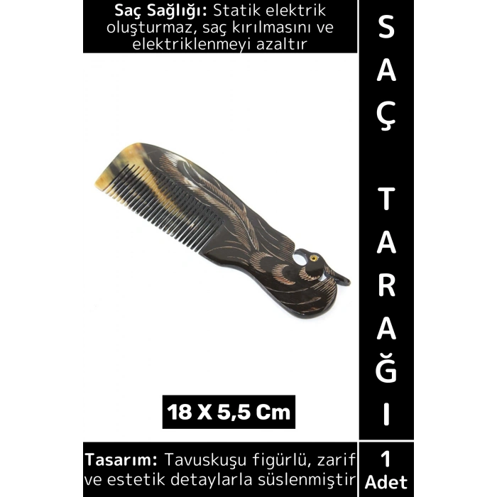 Kompakt Çanta Boy Saç Kırılması Elektriklenme Azaltan Doğal Kemik Tavuskuşu Saç Tarağı 18 X 5.5 Cm