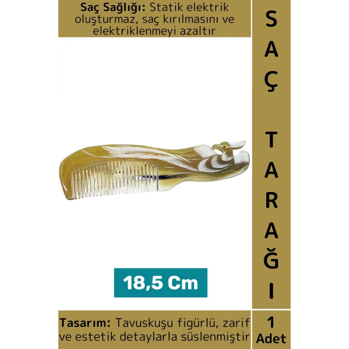 Kompakt Çanta Boy Saç Kırılması Elektriklenme Azaltan Doğal Kemik Şık Tavuskuşu Saç Tarağı 18.5 Cm