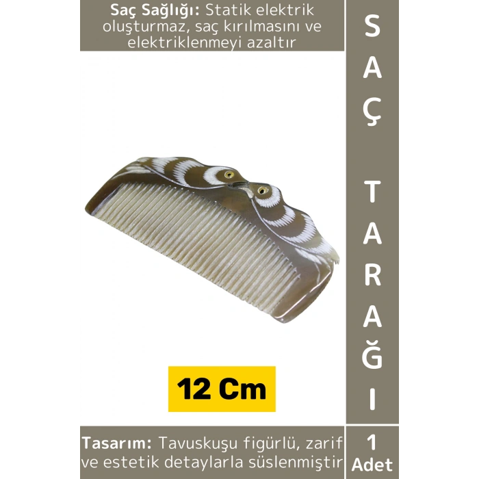 Kompakt Çanta Boy Saç Kırılması Elektriklenme Azaltan Doğal Kemik Estetik Tavuskuşu Saç Tarağı 12 Cm
