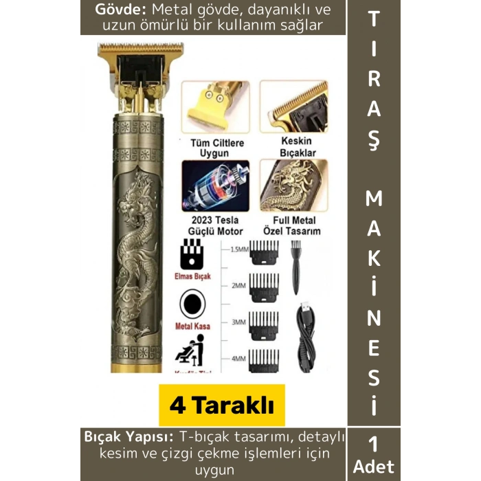 Premium T Bıçak 4 Taraklı Sakal Ense Çizik Şekillendirme Şık Tasarım Kablosuz Şarjlı Tıraş Makinesi