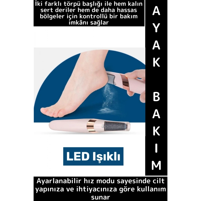 Kadın Ayak Bakımı Kalın Sert-Hassas Deri Değiştirilebilir 2 Başlıklı LED Işıklı Şarjlı Ayak Törpüsü