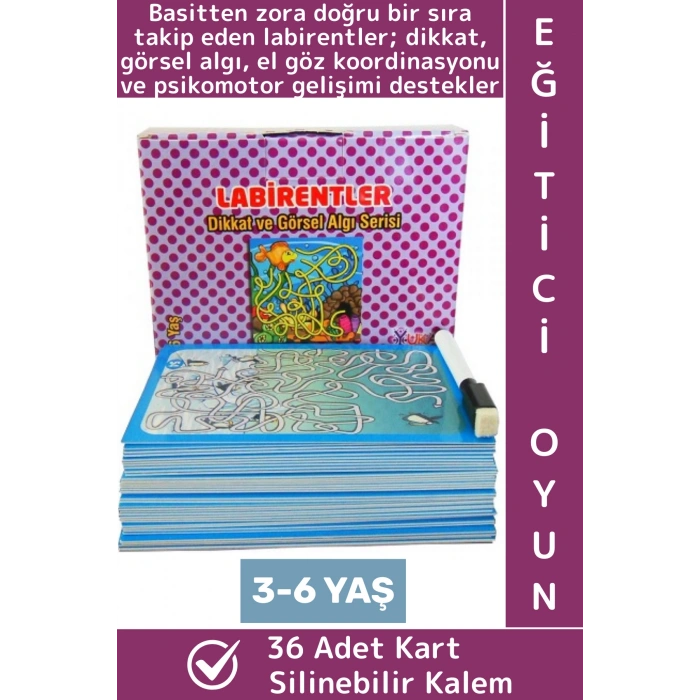 Eğitici Çocuk Dikkat Görsel Algı Koordinasyon Psikomotor Silinebilir Kalem Oyun LABİRENTLER 36 Kart