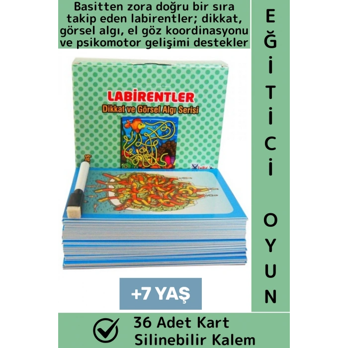 Eğlenceli Dikkat Görsel Algı Koordinasyon Psikomotor Silinebilir Kalemli Oyun LABİRENTLER 36 Kart