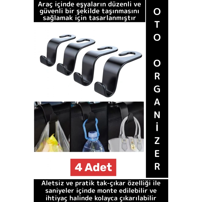 Kolay Montaj Oto Organizer Çanta Kıyafet Küçük Eşya Düzenleyici Şık Araba Koltuk Arkası Askı 4 Adet