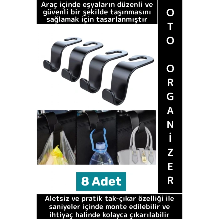 Kolay Montaj Oto Organizer Çanta Kıyafet Küçük Eşya Düzenleyici Şık Araba Koltuk Arkası Askı 8 Adet
