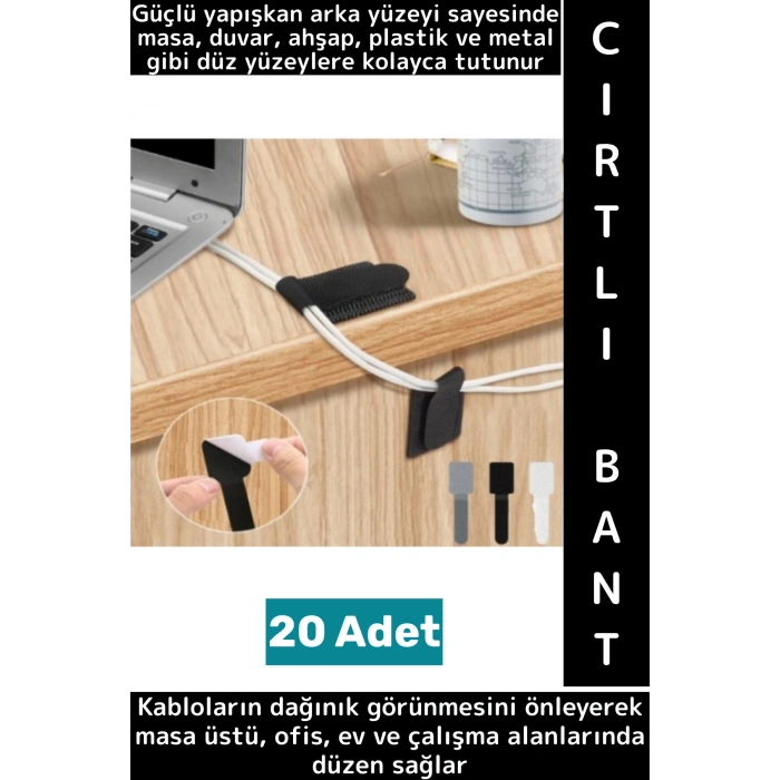 Montanjsız Masa Üstü Ev Ofis Kablo Karışıklık Düzenleyici Şık Kendinden Yapışkanlı Cırt Bant 20 Adet