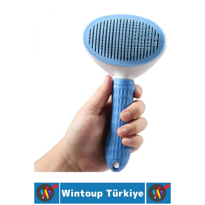 Evcil Hayvan Kendinden Tuşlu Otomatik Temizlenen Masaj Etkili Pet Kedi Köpek Tüy Toplama Tarağı Mavi