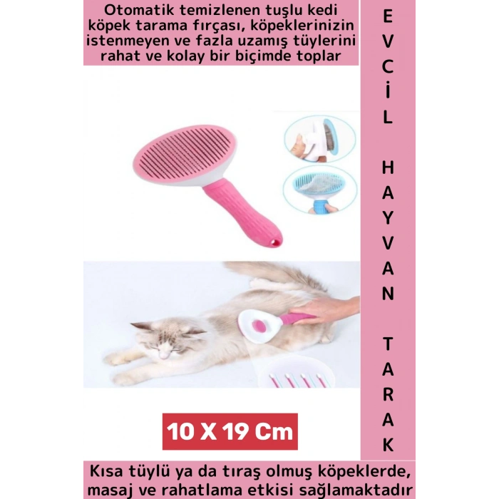 Evcil Hayvan Kendinden Tuşlu Otomatik Temizlenen Masaj Etkili Kedi Köpek Tüy Toplama Tarağı Pembe
