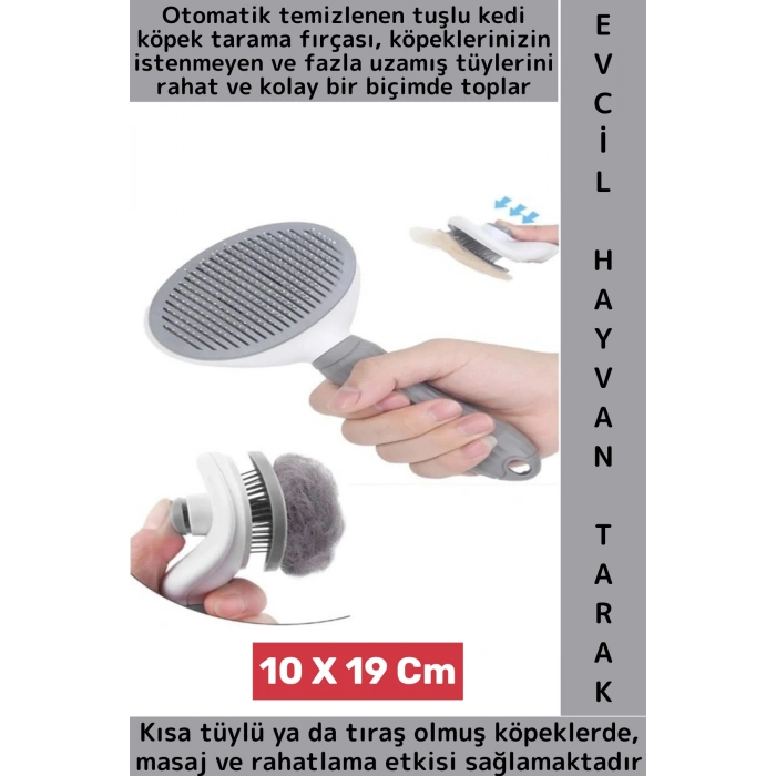 Evcil Hayvan Kendinden Tuşlu Otomatik Temizlenen Masaj Etkili Pet Kedi Köpek Tüy Toplama Tarağı Gri