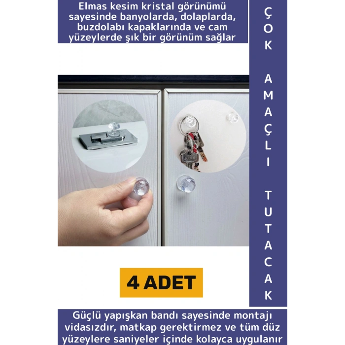 Montajsız Çekmece Dolap Klozet Kapağı Şık Kristal Tasarım Çok Amaçlı Yapışkanlı Tutacak Buton 4 Adet