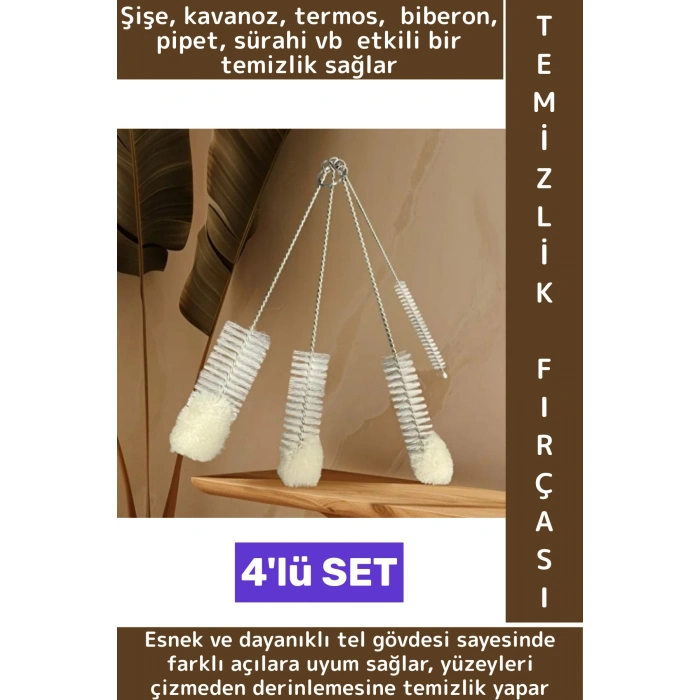 Şişe Kavanoz Termos Biberon Pipet Zor Nokta İç Derin Temizlik Esnek Dayanıklı Yumuşak Tel Fırça Seti