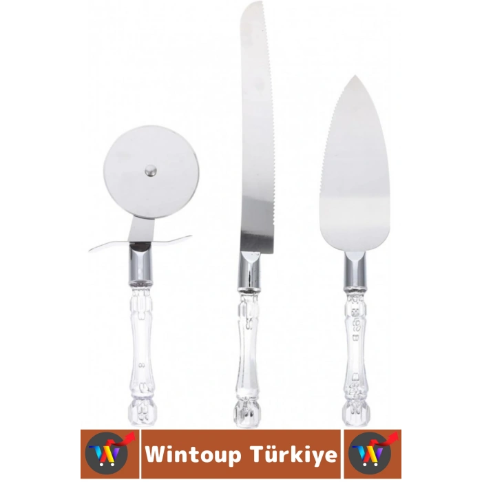 Premium Mutfak Pizza Börek Tatlı Düğün Pastası Kesme Sunum Şık Şeffaf Sap Detayı 3 Parça Servis Seti