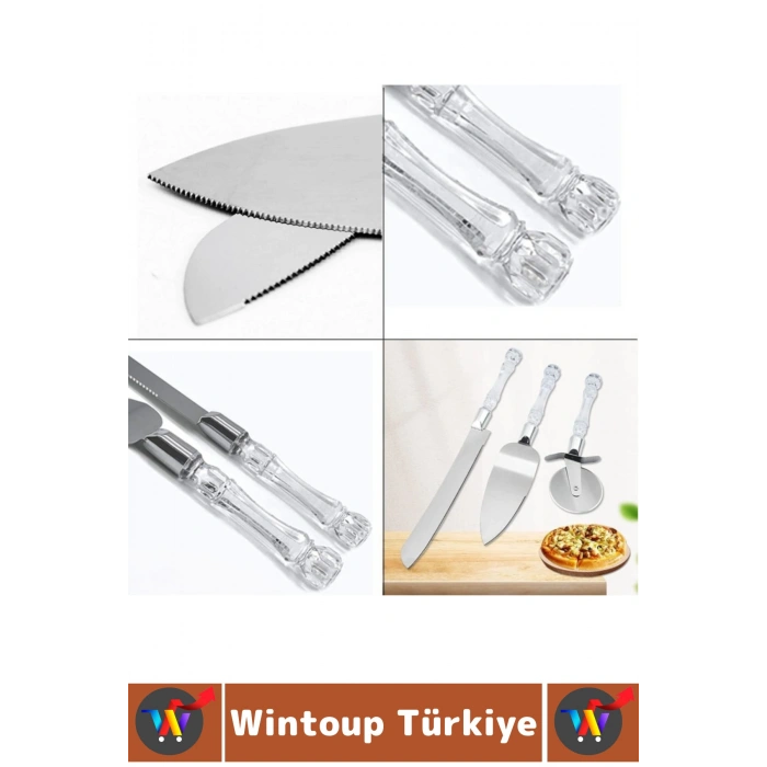 Premium Mutfak Pizza Börek Tatlı Düğün Pastası Kesme Sunum Şık Şeffaf Sap Detayı 3 Parça Servis Seti