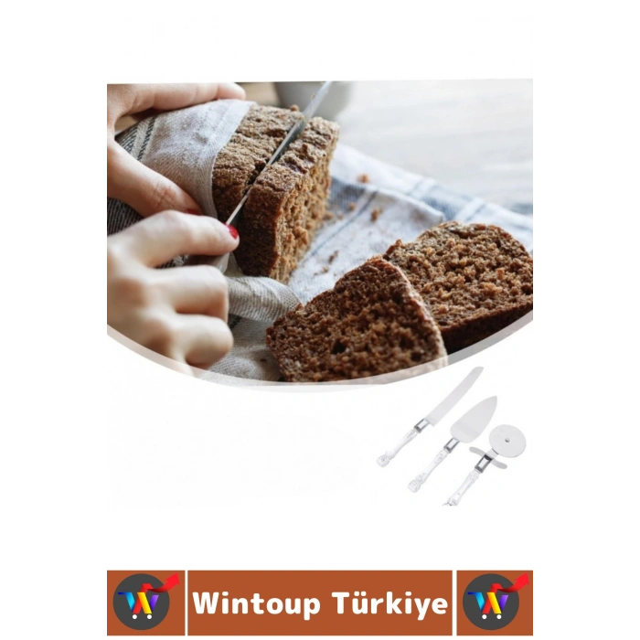Premium Mutfak Pizza Börek Tatlı Düğün Pastası Kesme Sunum Şık Şeffaf Sap Detayı 3 Parça Servis Seti