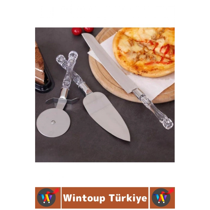 Premium Mutfak Pizza Börek Tatlı Düğün Pastası Kesme Sunum Şık Şeffaf Sap Detayı 3 Parça Servis Seti
