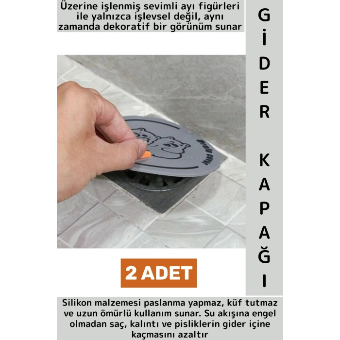 Lavabo Banyo Mutfak Pas Küf Tutmaz Ayı Figürü Koku Önleyici Kulplu Esnek Silikon Gider Kapağı 2 Adet
