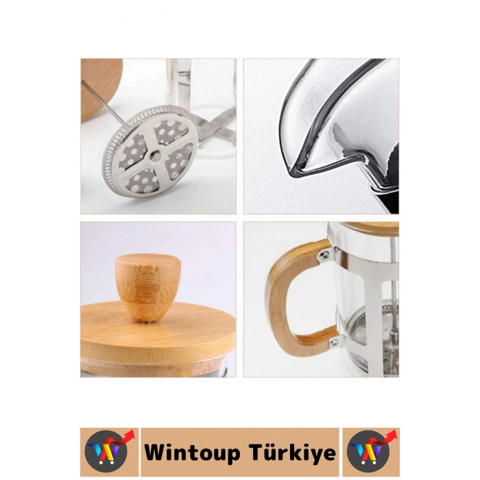 Premium Isıya Dayanıklı Kahve Demleme Bitki Çayı Ahşap Kapak Sap Detaylı Cam French Press 350 ML