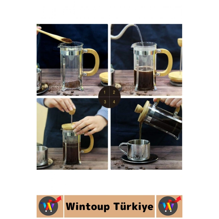 Premium Isıya Dayanıklı Kahve Demleme Bitki Çayı Ahşap Kapak Sap Detaylı Cam French Press 350 ML