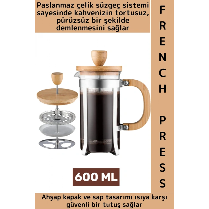 Premium Isıya Dayanıklı Kahve Demleme Bitki Çayı Ahşap Kapak Sap Detaylı Cam French Press 600 ML