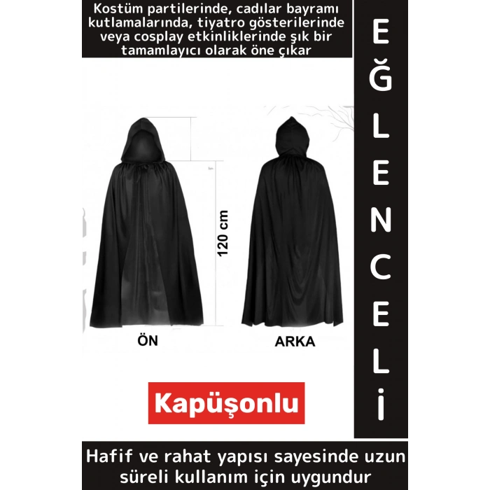 Parti Cadılar Bayramı Fotoğraf Çekimi Çocuk Genç Yetişkin Rahat Siyah Kapüşonlu Uzun Pelerin 120 Cm