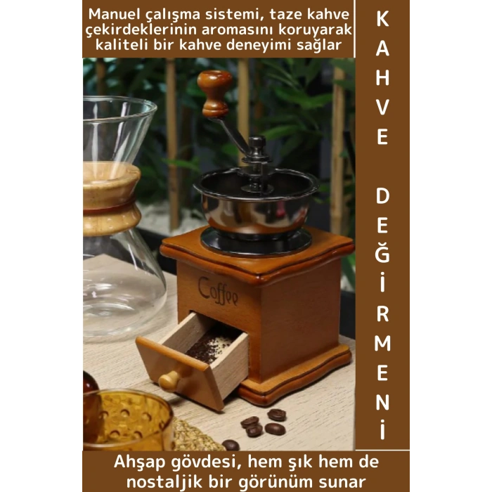 Premium Çok Şık Çelik Değirmenli Taze Aroma Koruyucu Nostaljik Görünüm Manuel Ahşap Kahve Değirmeni