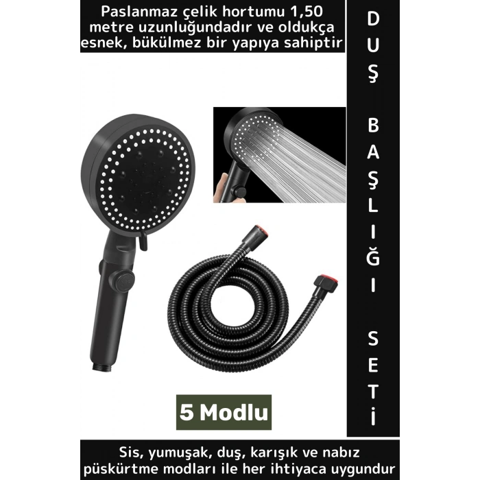 Premium Esnek Bükülmez 150 Cm Çelik Hortumlu 5 Püskürtme Modlu Enerji Tasarruflu Duş Başlığı Seti