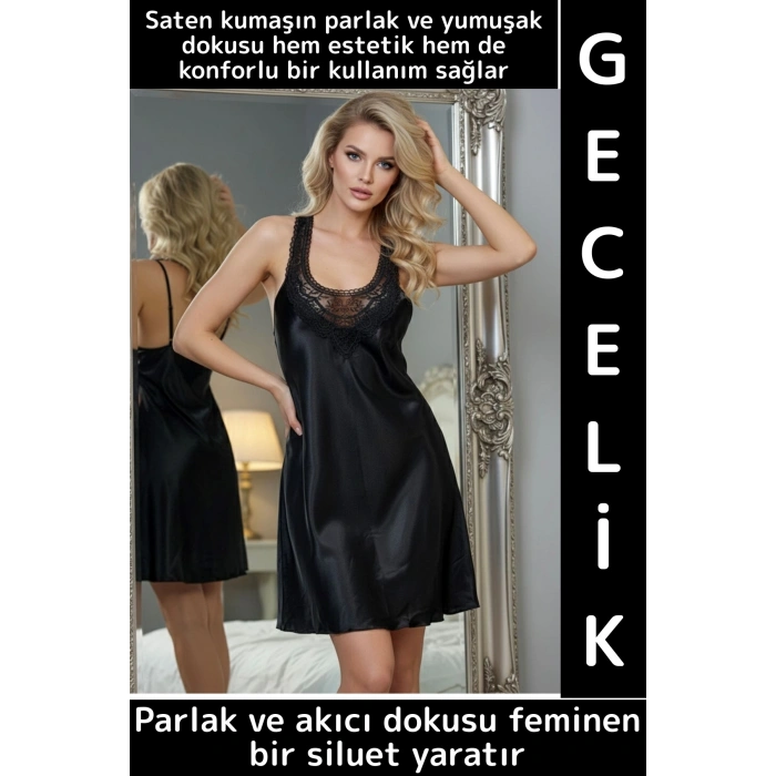 Yeni Sezon Zarif Büyüleyici Rahat Özel Gün Gece Gündelik Çok Şık İpeksi Saten Kadın Siyah Gecelik