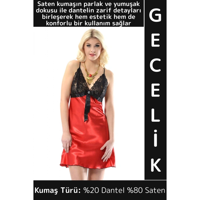 Yeni Sezon Zarif Rahat Büyüleyici Özel Gün Gece Gündelik Dantelli Saten Kadın Kırmızı Siyah Gecelik