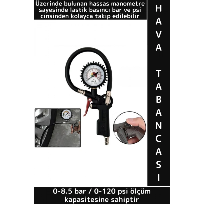 Profesyonel Hızlı Lastik Şişirme Tabancası Hassas Manometreli BAR PSI Ölçümlü Saatli Hava Tabancası