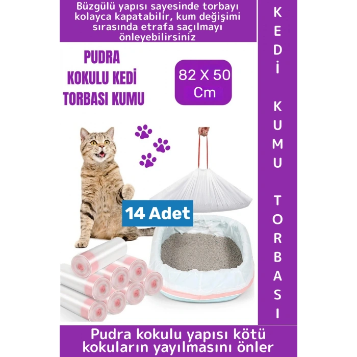 Evcil Hayvan Pet Yırtılma Dayanıklı Kötü Koku Önleme Pudra Kokulu Kedi Kumu Torbası 82x50 Cm 14 Adet