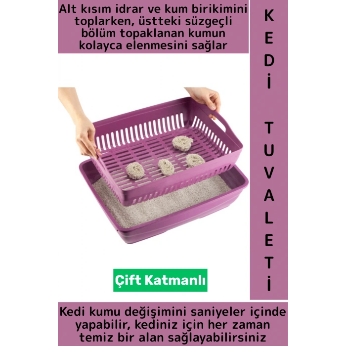 Evcil Hayvan Ergonomik Taşıma Kulplu Hijyenik Çift Katman Süzgeçli Açık Yavru Yetişkin Kedi Tuvaleti