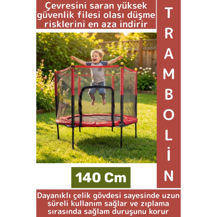 Dayanıklı Çelik Gövde Bahçe Teras Outdoor 100 Kg Kapasiteli Eğlenceli Koruma Fileli Trambolin 140 Cm