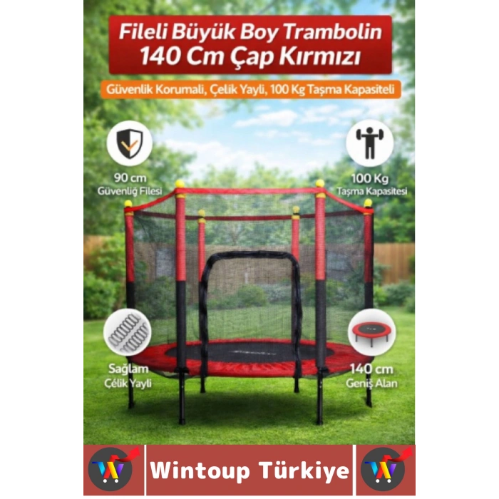 Dayanıklı Çelik Gövde Bahçe Teras Outdoor 100 Kg Kapasiteli Eğlenceli Koruma Fileli Trambolin 140 Cm