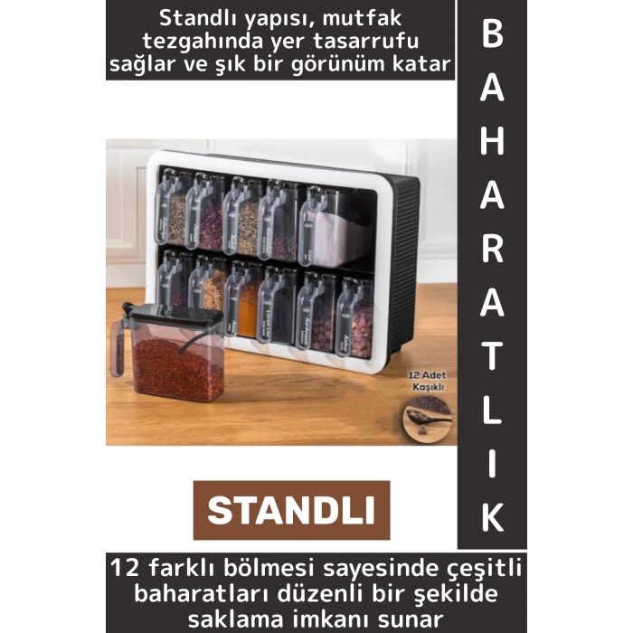 Dayanıklı Sert Plastik Şeffaf Kaplı Mutfak Çok Şık Modern Standlı Kaşıklı 12li Özel Baharatlık Seti