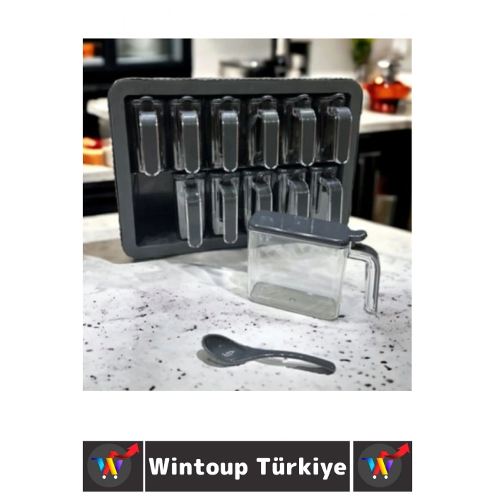 Dayanıklı Sert Plastik Şeffaf Kaplı Mutfak Çok Şık Modern Standlı Kaşıklı 12li Özel Baharatlık Seti