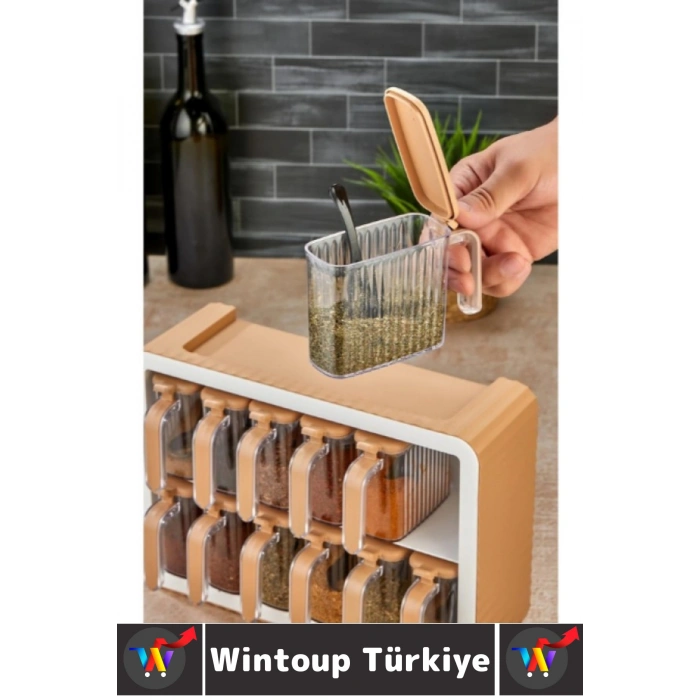 Dayanıklı Sert Plastik Şeffaf Kaplı Mutfak Çok Şık Modern Standlı Kaşıklı 12li Özel Baharatlık Seti