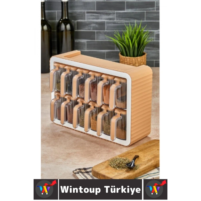 Dayanıklı Sert Plastik Şeffaf Kaplı Mutfak Çok Şık Modern Standlı Kaşıklı 12li Özel Baharatlık Seti