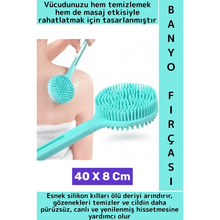 Premium Islak Kuru Cilt Masaj Peeling Etkili Çift Taraflı Silikon Uzun Saplı Banyo Fırçası 40 X 8 Cm