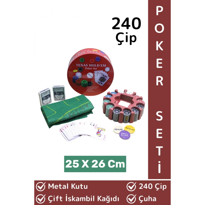 Luxery Texas Holdem Casino Blackjack Çift Iskambil Kağıdı Çuha 240 Çip Metal Kutulu Poker Oyunu Seti