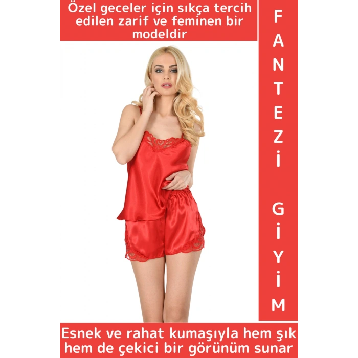 Yeni Kreasyon Sevgililer Günü Yılbaşı Büyüleyici Zarif Çok Şık Kadın Saten Babydoll Atlet Şort Takım