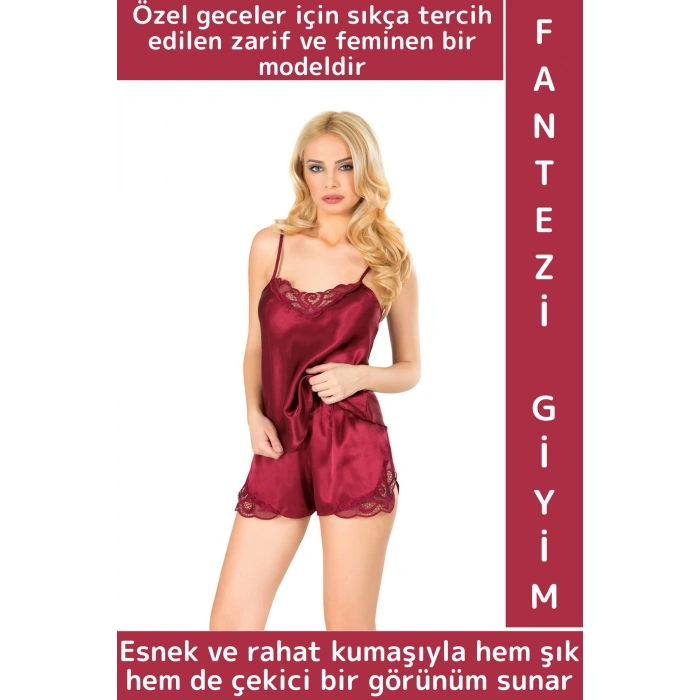 Yeni Kreasyon Sevgililer Günü Yılbaşı Büyüleyici Zarif Çok Şık Kadın Saten Babydoll Atlet Şort Takım