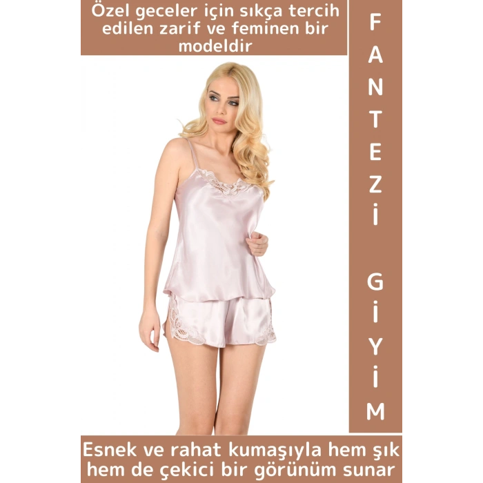 Yeni Kreasyon Sevgililer Günü Yılbaşı Büyüleyici Zarif Çok Şık Kadın Saten Babydoll Atlet Şort Takım