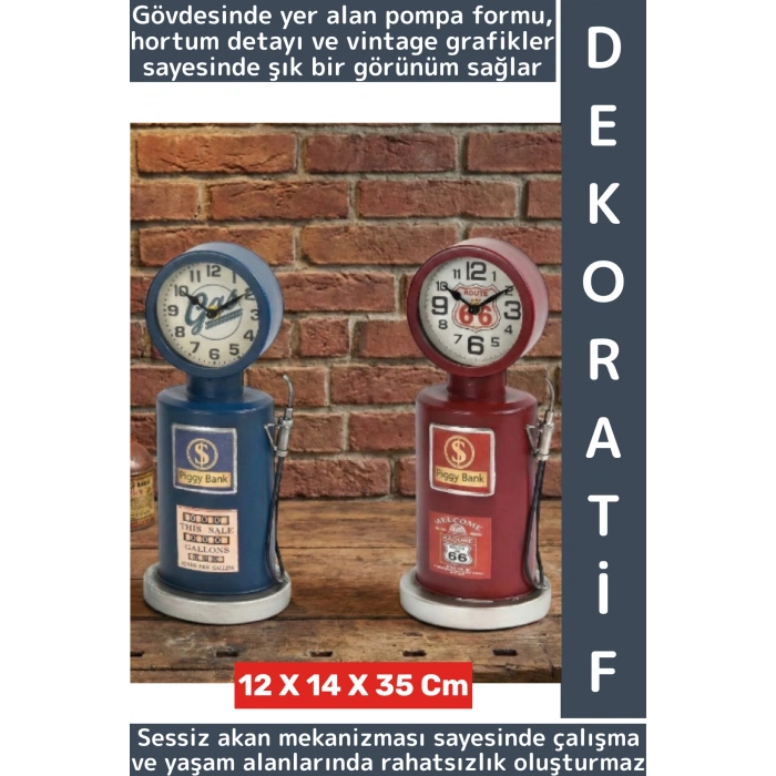 Dekoratif Hediyelik Sessiz Mekanizma Retro Benzin Pompası Tasarımlı Masaüstü Saat 12 X 14 X 35 Cm