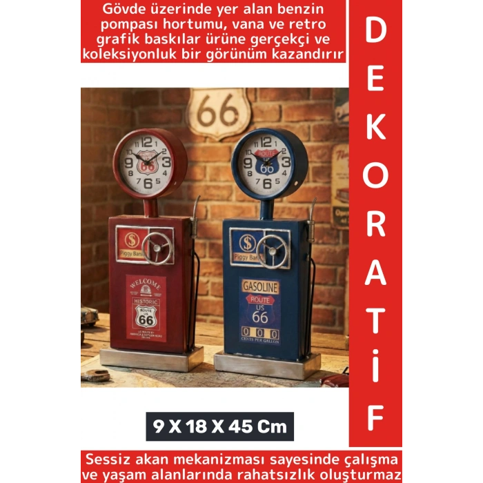 Dekoratif Hediyelik Sessiz Mekanizma Retro Benzinlik Tasarımlı Şık Masaüstü Saat 9 X 18 X 45 Cm