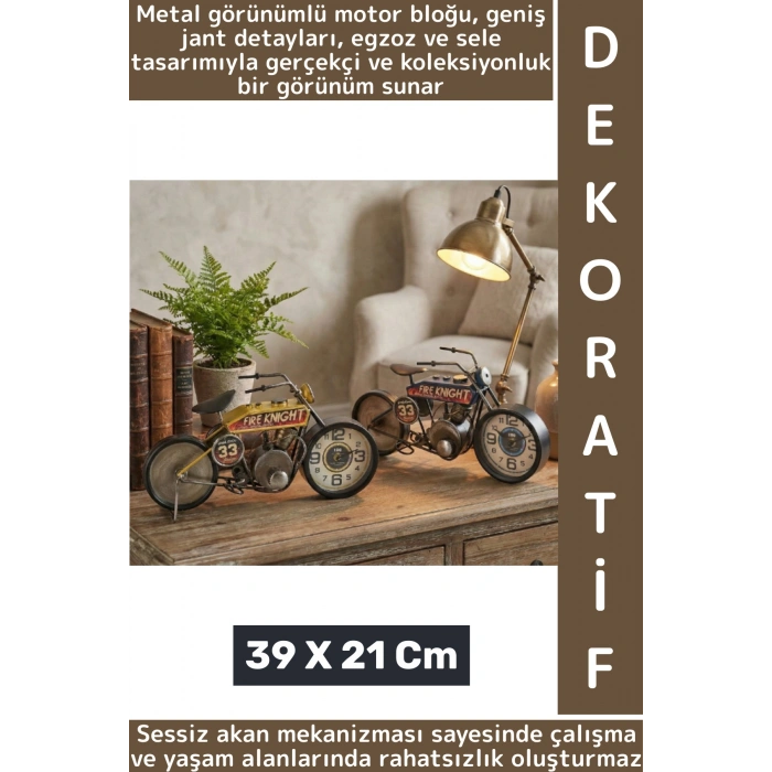 Dekoratif Hediyelik Metal Görünümlü Retro Çok Şık Yarış Motoru Tasarımlı Masaüstü Saat 39 X 21 Cm