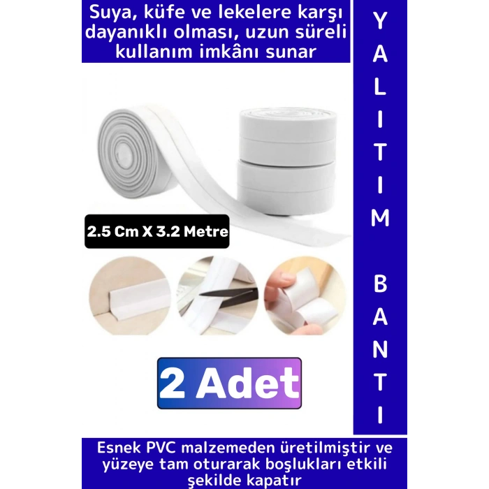 Uzun Ömürlü Su Nem Küf Dayanıklı Mutfak Lavabo Pencere Kenar Yalıtım Bandı 2.5 Cm X 3.2 Metre 2 Adet