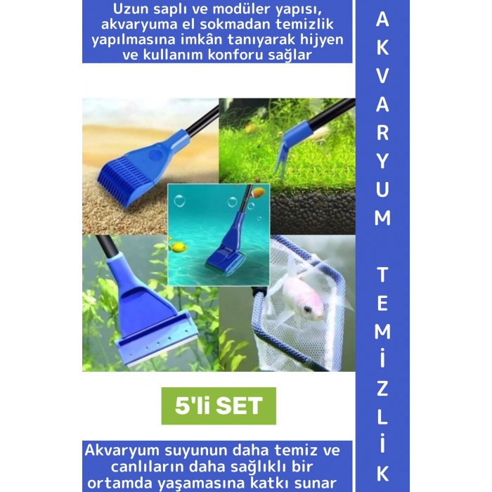Premium Tatlı Tuzlu Su Cam Yosun Kir Atık Dip Derin Temizlik Akvaryum Tankı Temizleme 5li Özel Set