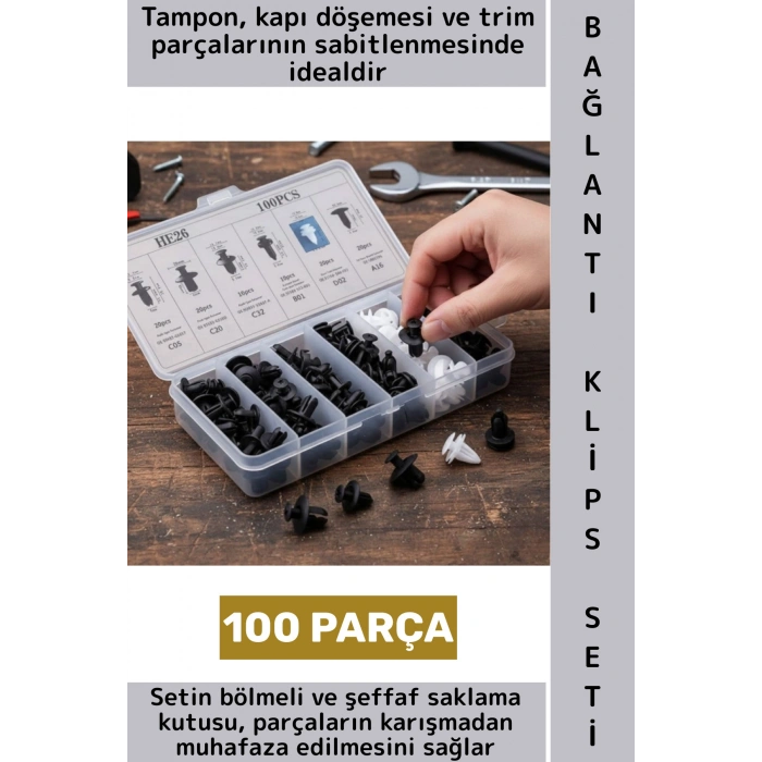 Oto Tampon Çamurluk Kaput Bagaj Kapı Döşeme Çok Amaçlı Plastik Bağlantı Perçin Klips Seti 100 Parça