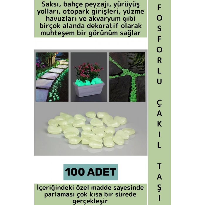 Gece Parlayan Saksı Bahçe Yürüyüş Yolu Otopark Havuz Akvaryum Çok Şık Fosforlu Çakıl Taşı 100 Adet